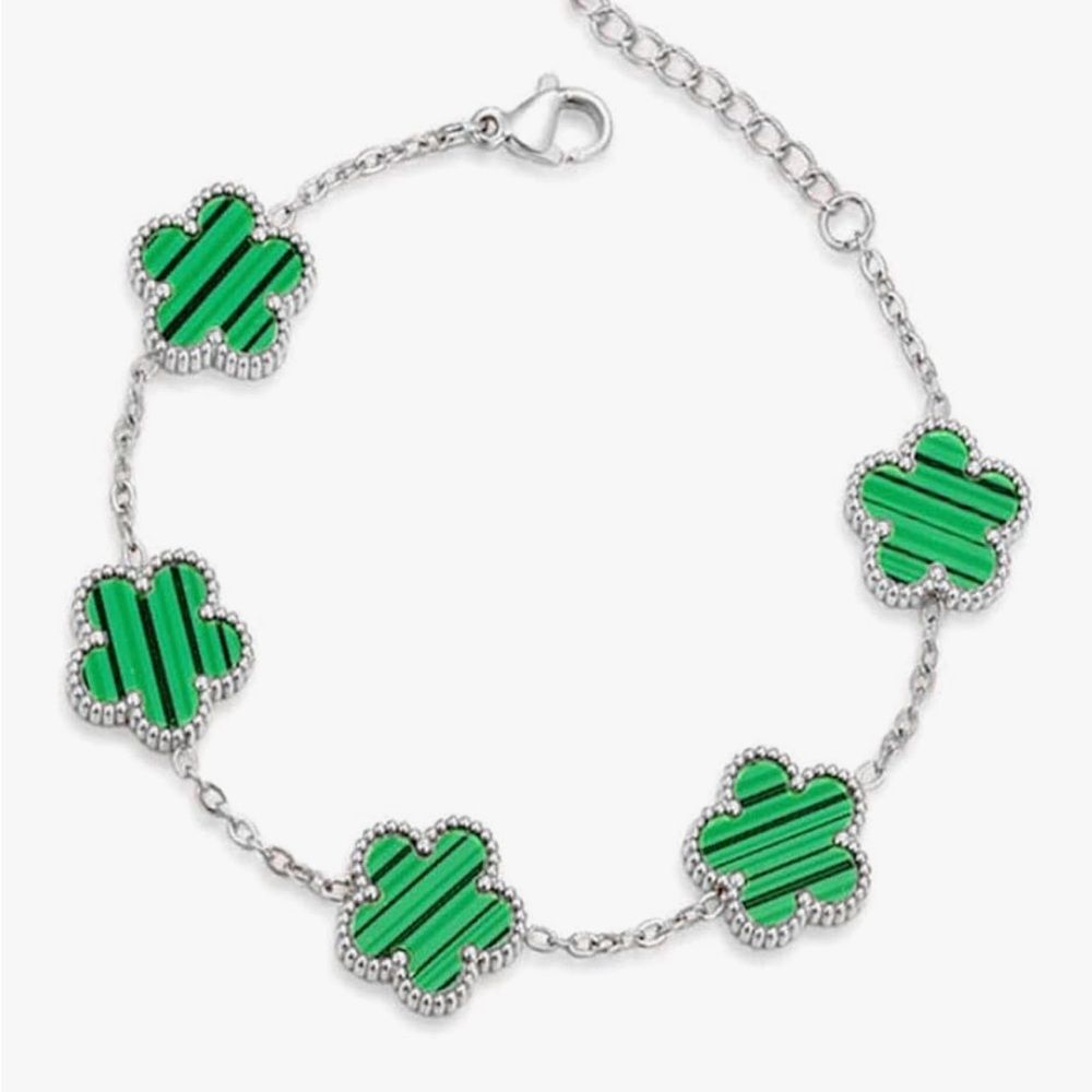 18K Gold Lucky Clover Bracelet Green Enamel Van Cleef Style Charm Jewelry Silver